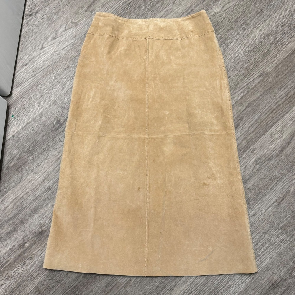Margaret Godfrey Tan Leather Whipstitch Maxi Skirt Size 14 Lined Western Boho